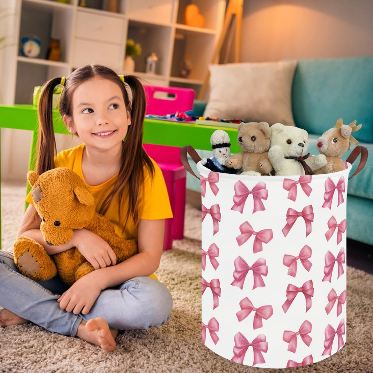 Bow laundry basket for girls,Nursery Hamper,Pink Laundry Hamper,Waterproof collapsible canvas laundry basket for girls,Pink Girls Laundry Basket,Living Room Decor(Bowknot)