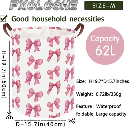 Bow laundry basket for girls,Nursery Hamper,Pink Laundry Hamper,Waterproof collapsible canvas laundry basket for girls,Pink Girls Laundry Basket,Living Room Decor(Bowknot)