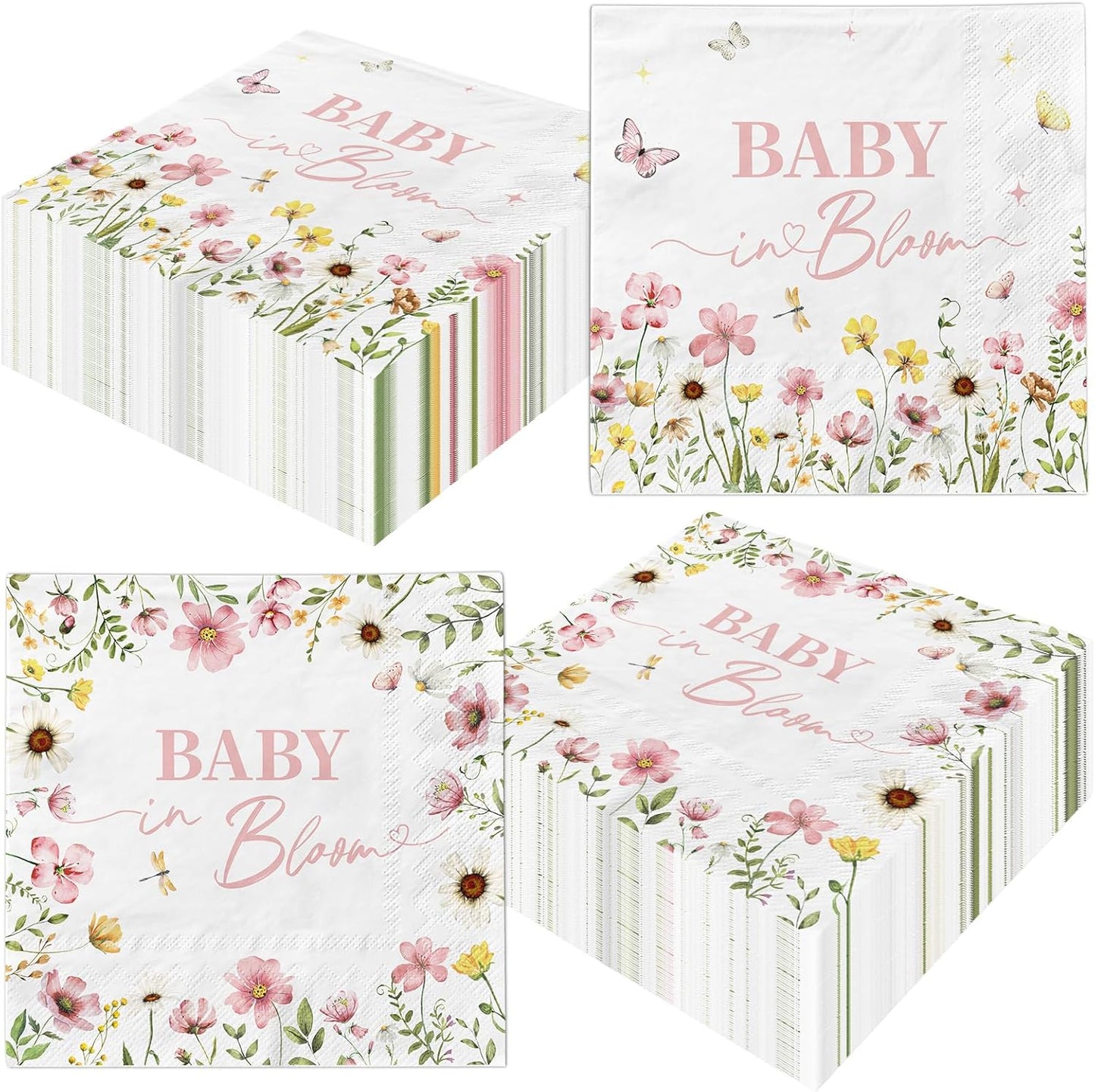 Baby in Bloom Baby Shower Napkins - 48pcs Wildflower Themed Baby Shower decorations Baby in Bloom Napkins for Wildflower BabyShower Decorations Party Supplies,13x13 inches (Pink)