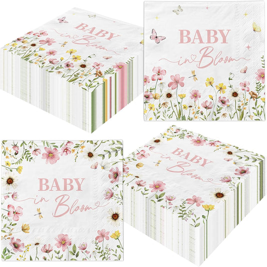 Baby in Bloom Baby Shower Napkins - 48pcs Wildflower Themed Baby Shower decorations Baby in Bloom Napkins for Wildflower BabyShower Decorations Party Supplies,13x13 inches (Pink)