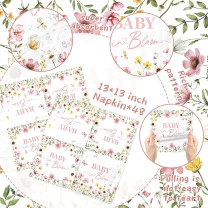 Baby in Bloom Baby Shower Napkins - 48pcs Wildflower Themed Baby Shower decorations Baby in Bloom Napkins for Wildflower BabyShower Decorations Party Supplies,13x13 inches (Pink)
