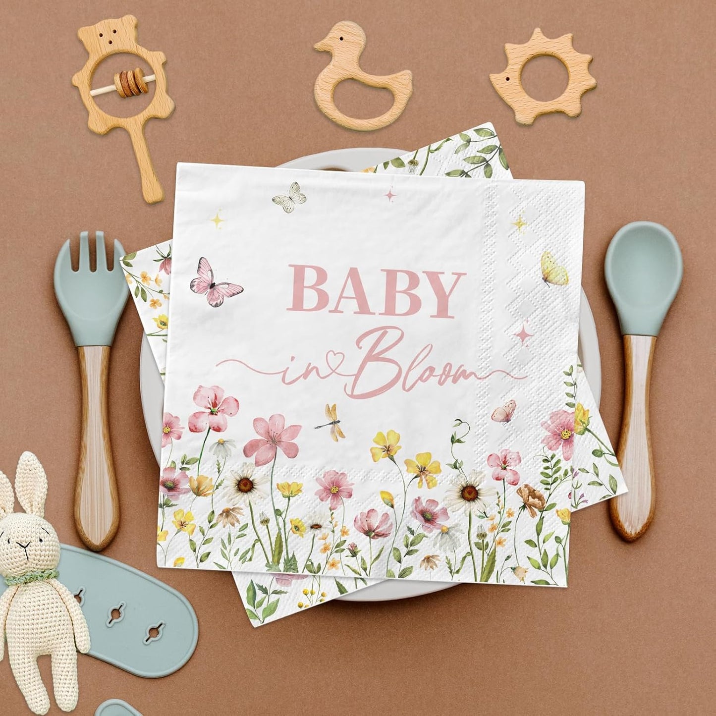 Baby in Bloom Baby Shower Napkins - 48pcs Wildflower Themed Baby Shower decorations Baby in Bloom Napkins for Wildflower BabyShower Decorations Party Supplies,13x13 inches (Pink)