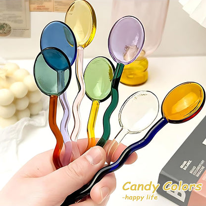 Small Fancy Glass 5.5 Inches Teaspoons Transparent Crystal Heat Resistant Stirrers for Espresso Coffee Tea Ice Cream Dessert Cocktail Milkshake Cold Drinks Salt Sugar (Pink Blue)