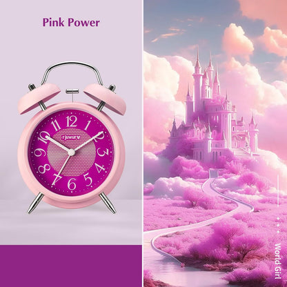 4" Loud Alarm Twin Bell Alarm Clock, Night Light, Desk Clock Table Alarm Clock Bedroom Alarm Clock(Pink Power)