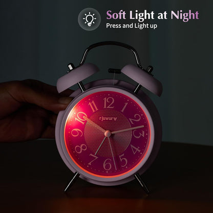 4" Loud Alarm Twin Bell Alarm Clock, Night Light, Desk Clock Table Alarm Clock Bedroom Alarm Clock(Pink Power)