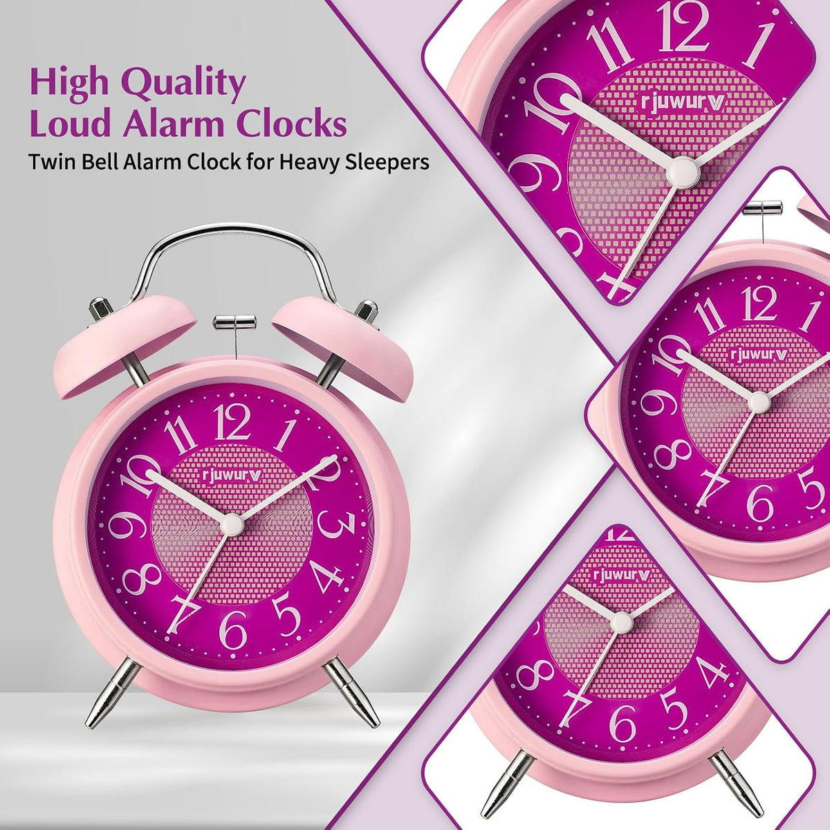 4" Loud Alarm Twin Bell Alarm Clock, Night Light, Desk Clock Table Alarm Clock Bedroom Alarm Clock(Pink Power)