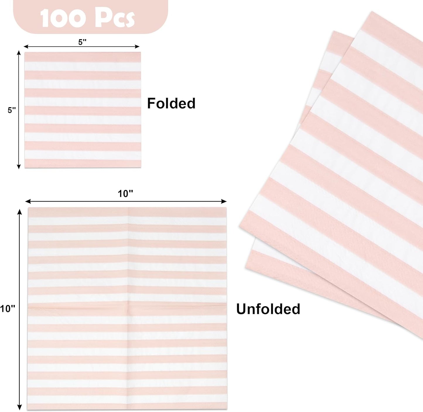 Pink Striped Cocktail Napkins Blush Pink and White Beverage Napkins 100 Count Disposable 3 Ply Baby Shower Party Bar Table Decor