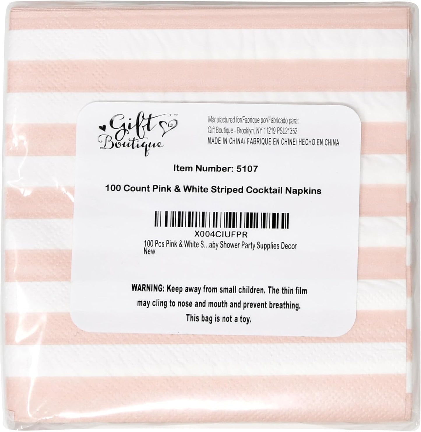 Pink Striped Cocktail Napkins Blush Pink and White Beverage Napkins 100 Count Disposable 3 Ply Baby Shower Party Bar Table Decor