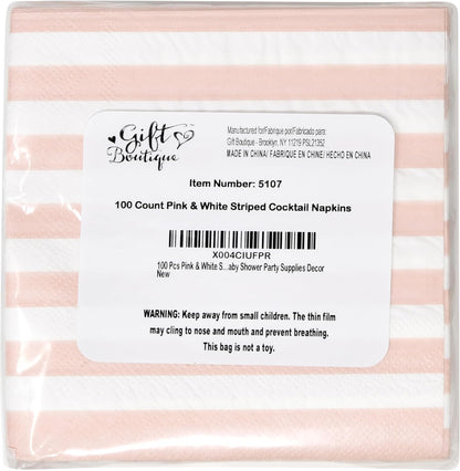 Pink Striped Cocktail Napkins Blush Pink and White Beverage Napkins 100 Count Disposable 3 Ply Baby Shower Party Bar Table Decor