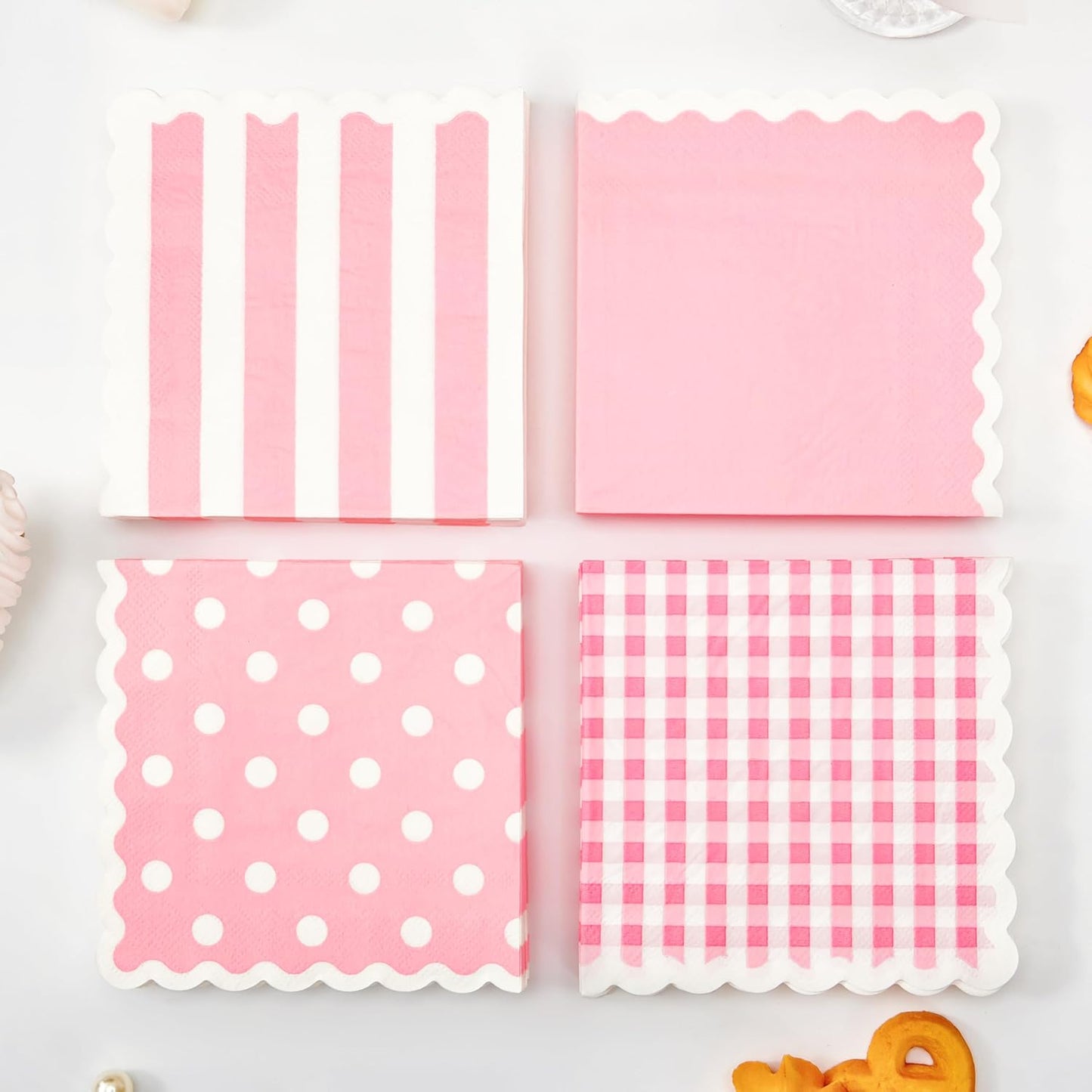 Crisky 3 Ply 100 Pcs Wavy Scalloped Pink Cocktail Napkins Paper, Disposable Party Napkins for Wedding, Bridal, Baby Shower, Birthday, Tea Party Supplies (5x5")