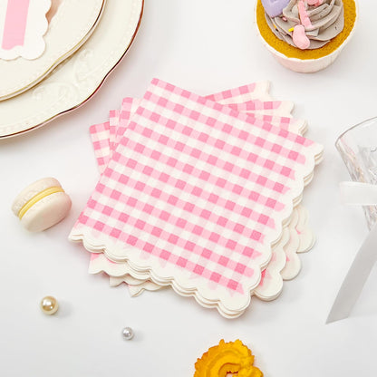Crisky 3 Ply 100 Pcs Wavy Scalloped Pink Cocktail Napkins Paper, Disposable Party Napkins for Wedding, Bridal, Baby Shower, Birthday, Tea Party Supplies (5x5")