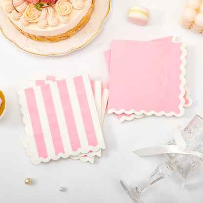 Crisky 3 Ply 100 Pcs Wavy Scalloped Pink Cocktail Napkins Paper, Disposable Party Napkins for Wedding, Bridal, Baby Shower, Birthday, Tea Party Supplies (5x5")
