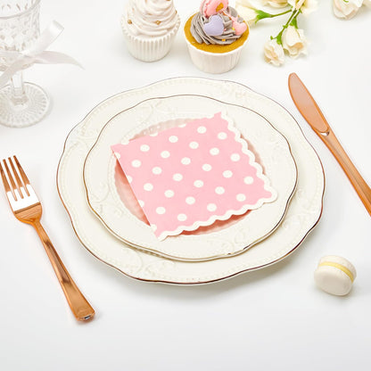 Crisky 3 Ply 100 Pcs Wavy Scalloped Pink Cocktail Napkins Paper, Disposable Party Napkins for Wedding, Bridal, Baby Shower, Birthday, Tea Party Supplies (5x5")