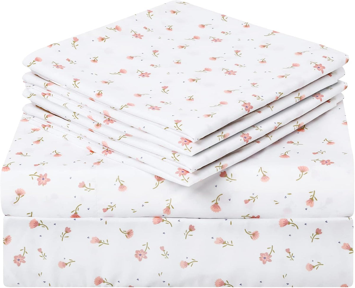 6 Piece Printed Full Size Bed Sheets, Extra Soft Brushed Microfiber 1800 Bedding Pattern Sheets, Deep Pocket, Wrinkle & Fade Free, Pink Floral