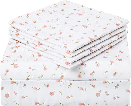 6 Piece Printed Full Size Bed Sheets, Extra Soft Brushed Microfiber 1800 Bedding Pattern Sheets, Deep Pocket, Wrinkle & Fade Free, Pink Floral