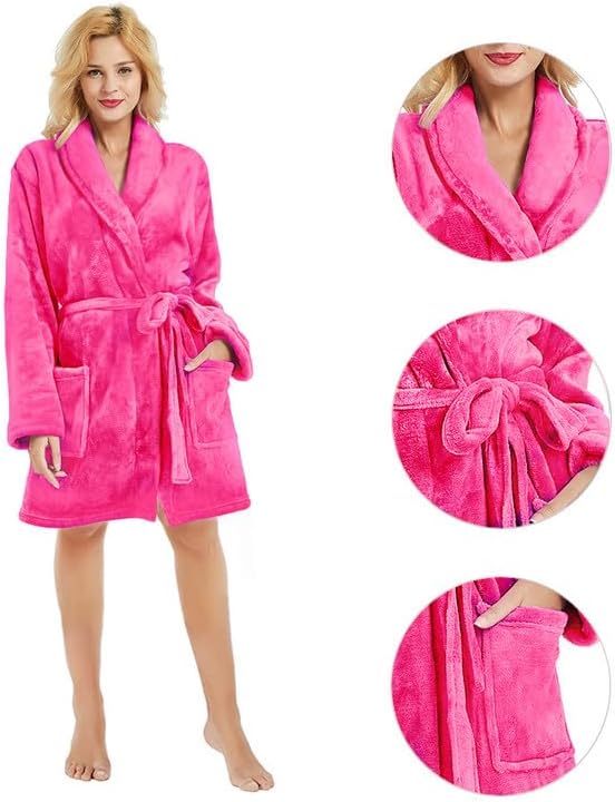 Women Fleece Robe, Short Cozy Plush Robes for Womens Soft Shawl Collar Warm Spa Bathrobe