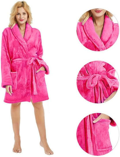 Women Fleece Robe, Short Cozy Plush Robes for Womens Soft Shawl Collar Warm Spa Bathrobe