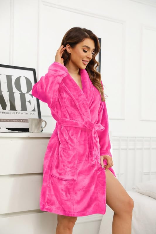 Women Fleece Robe, Short Cozy Plush Robes for Womens Soft Shawl Collar Warm Spa Bathrobe