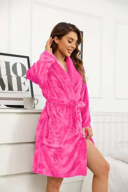 Women Fleece Robe, Short Cozy Plush Robes for Womens Soft Shawl Collar Warm Spa Bathrobe