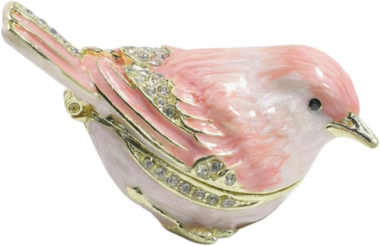 Mini Bird Trinket Boxes Hinge Hand-Painted Small Jewelry Box Enamel Decorative Unique Gift(Pink)