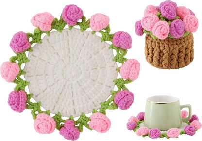 Crochet Flower Coasters, Handmade Bouquet Coasters with Crochet Plant Pot (Rose Pink, 1Pc)