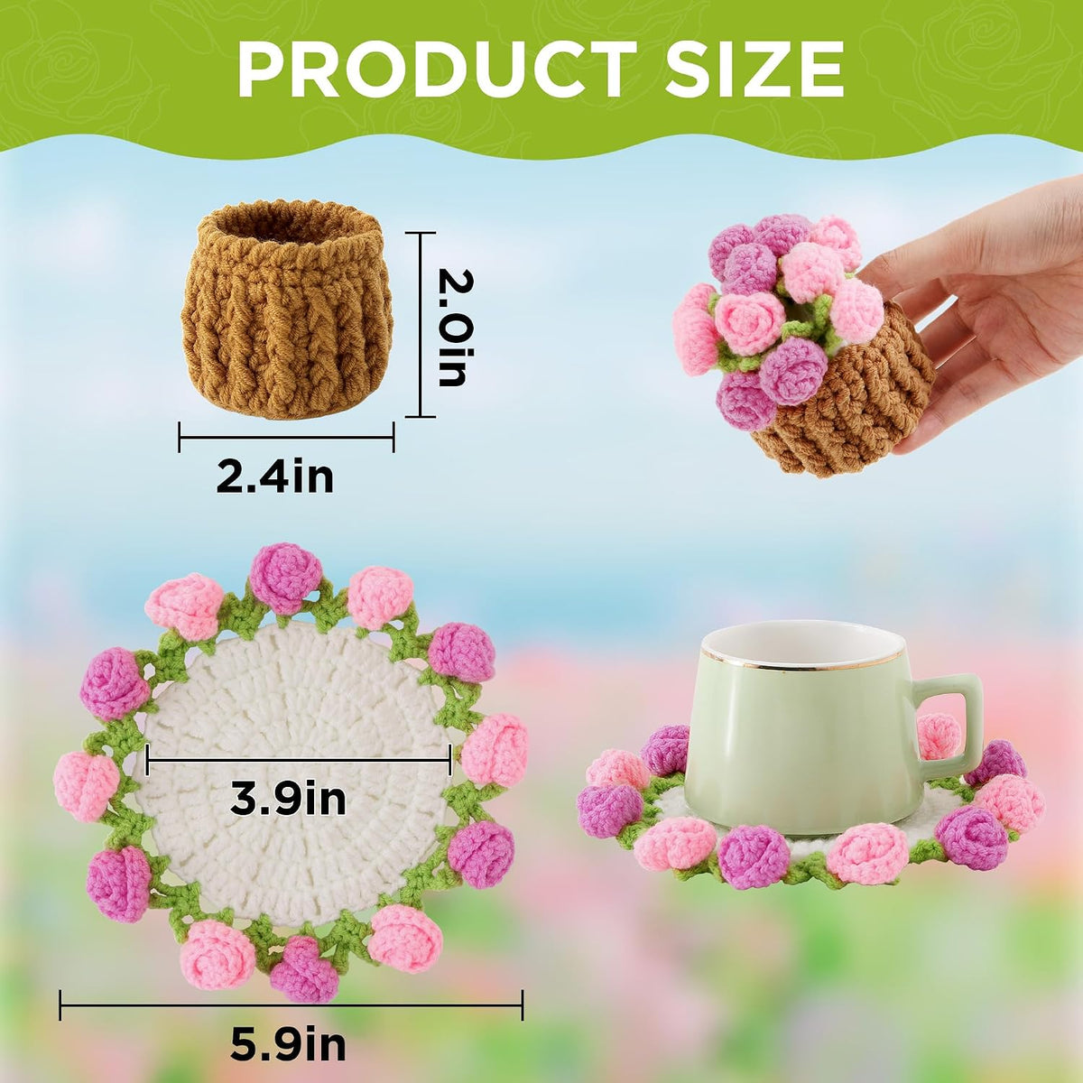 Crochet Flower Coasters, Handmade Bouquet Coasters with Crochet Plant Pot (Rose Pink, 1Pc)