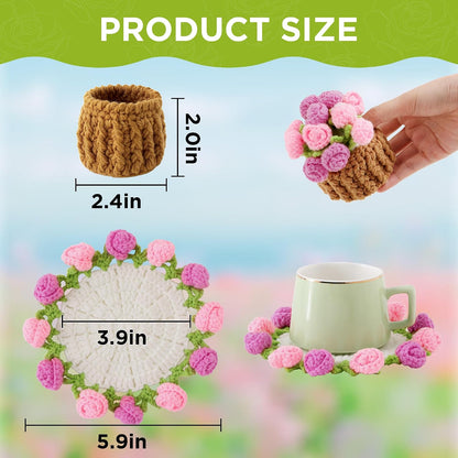 Crochet Flower Coasters, Handmade Bouquet Coasters with Crochet Plant Pot (Rose Pink, 1Pc)