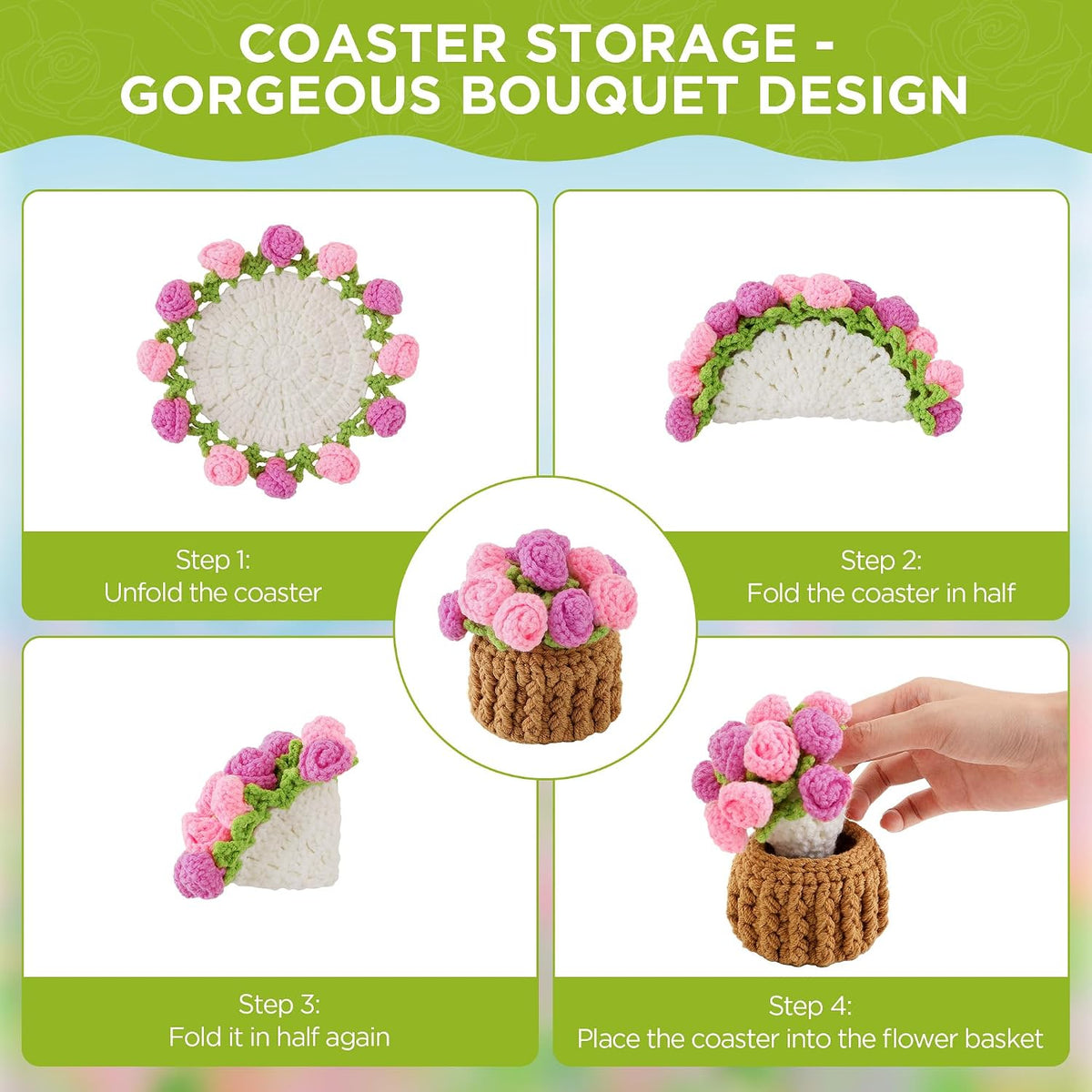 Crochet Flower Coasters, Handmade Bouquet Coasters with Crochet Plant Pot (Rose Pink, 1Pc)
