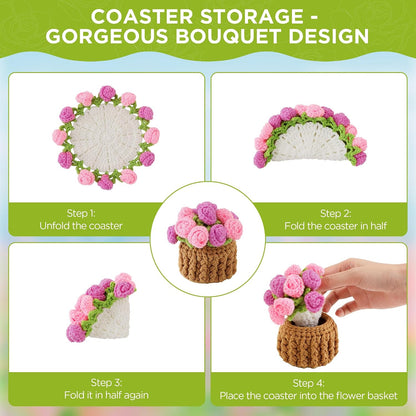 Crochet Flower Coasters, Handmade Bouquet Coasters with Crochet Plant Pot (Rose Pink, 1Pc)