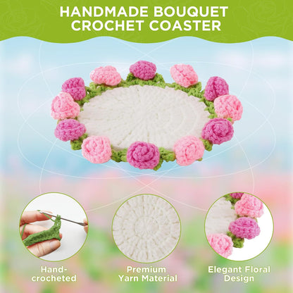Crochet Flower Coasters, Handmade Bouquet Coasters with Crochet Plant Pot (Rose Pink, 1Pc)