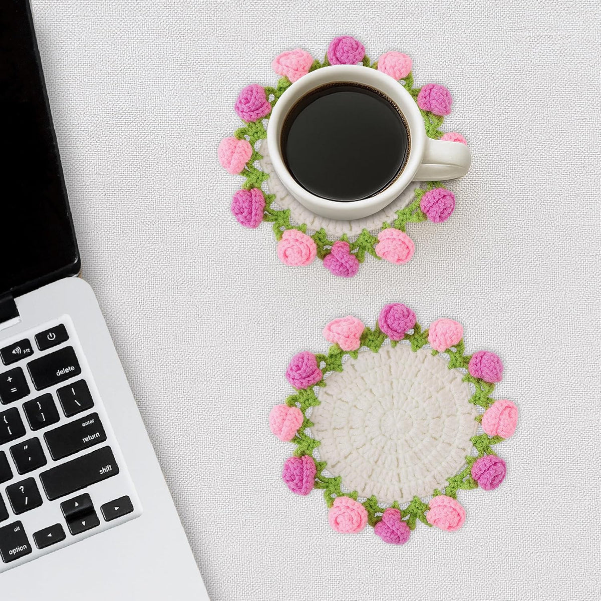 Crochet Flower Coasters, Handmade Bouquet Coasters with Crochet Plant Pot (Rose Pink, 1Pc)