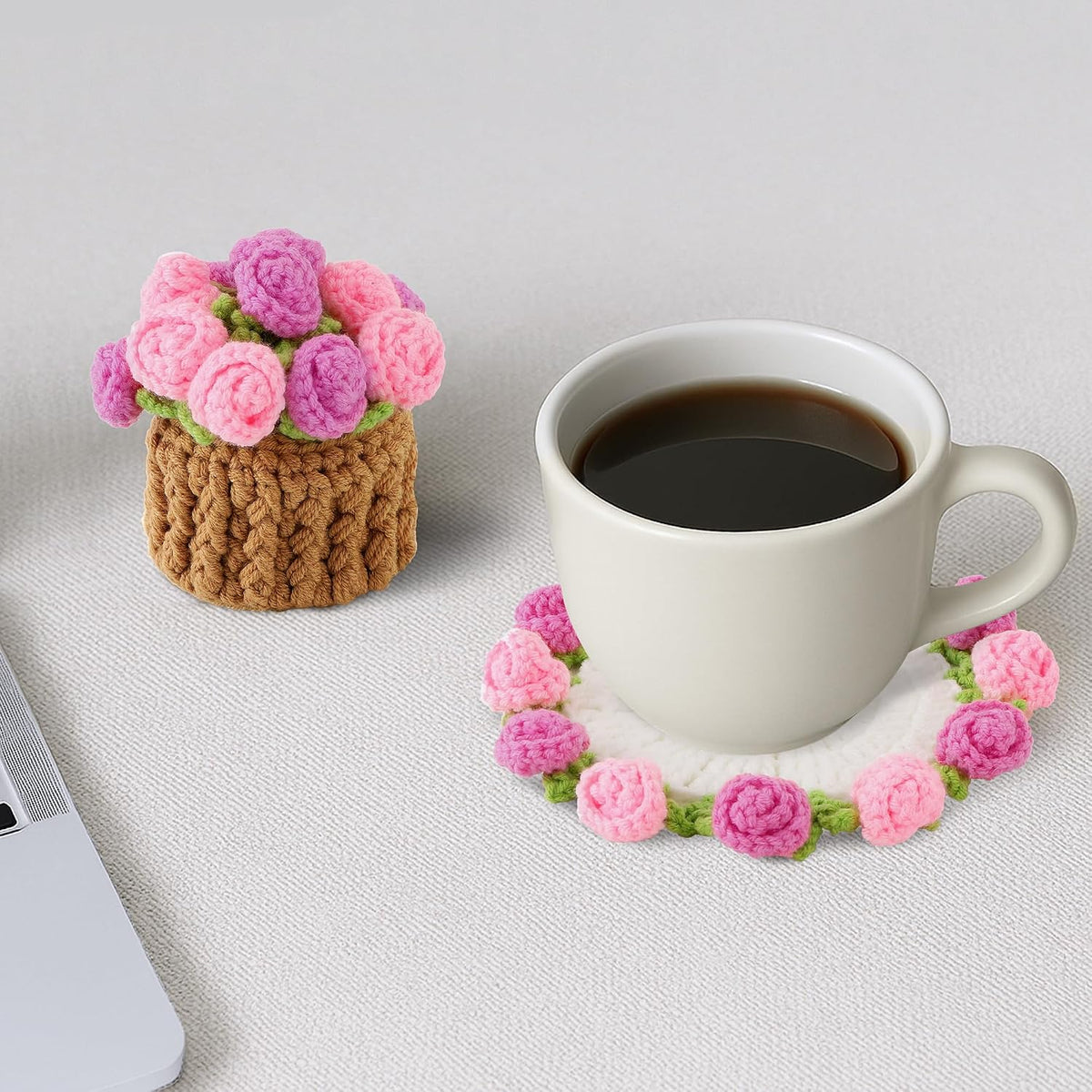 Crochet Flower Coasters, Handmade Bouquet Coasters with Crochet Plant Pot (Rose Pink, 1Pc)