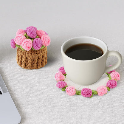 Crochet Flower Coasters, Handmade Bouquet Coasters with Crochet Plant Pot (Rose Pink, 1Pc)