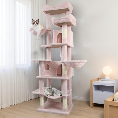 68in Cat Tree with 2 Condos & Hammock, Multi-Level Cat Tower with Plush Perches and Sisal Scratching Posts for Indoor Cats, Soft Pink
