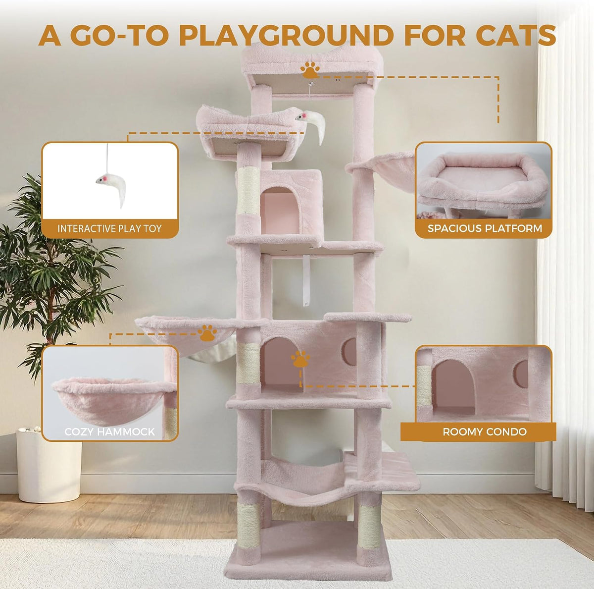 68in Cat Tree with 2 Condos & Hammock, Multi-Level Cat Tower with Plush Perches and Sisal Scratching Posts for Indoor Cats, Soft Pink