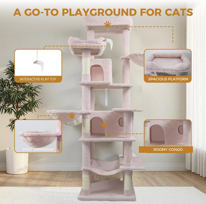 68in Cat Tree with 2 Condos & Hammock, Multi-Level Cat Tower with Plush Perches and Sisal Scratching Posts for Indoor Cats, Soft Pink