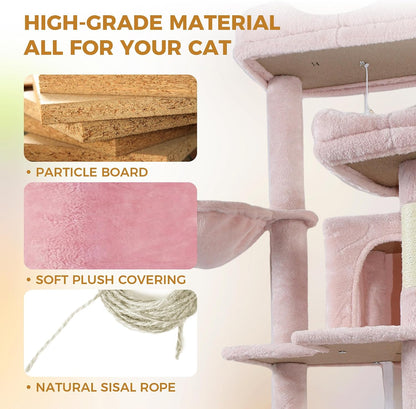68in Cat Tree with 2 Condos & Hammock, Multi-Level Cat Tower with Plush Perches and Sisal Scratching Posts for Indoor Cats, Soft Pink