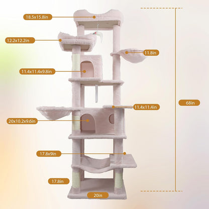 68in Cat Tree with 2 Condos & Hammock, Multi-Level Cat Tower with Plush Perches and Sisal Scratching Posts for Indoor Cats, Soft Pink