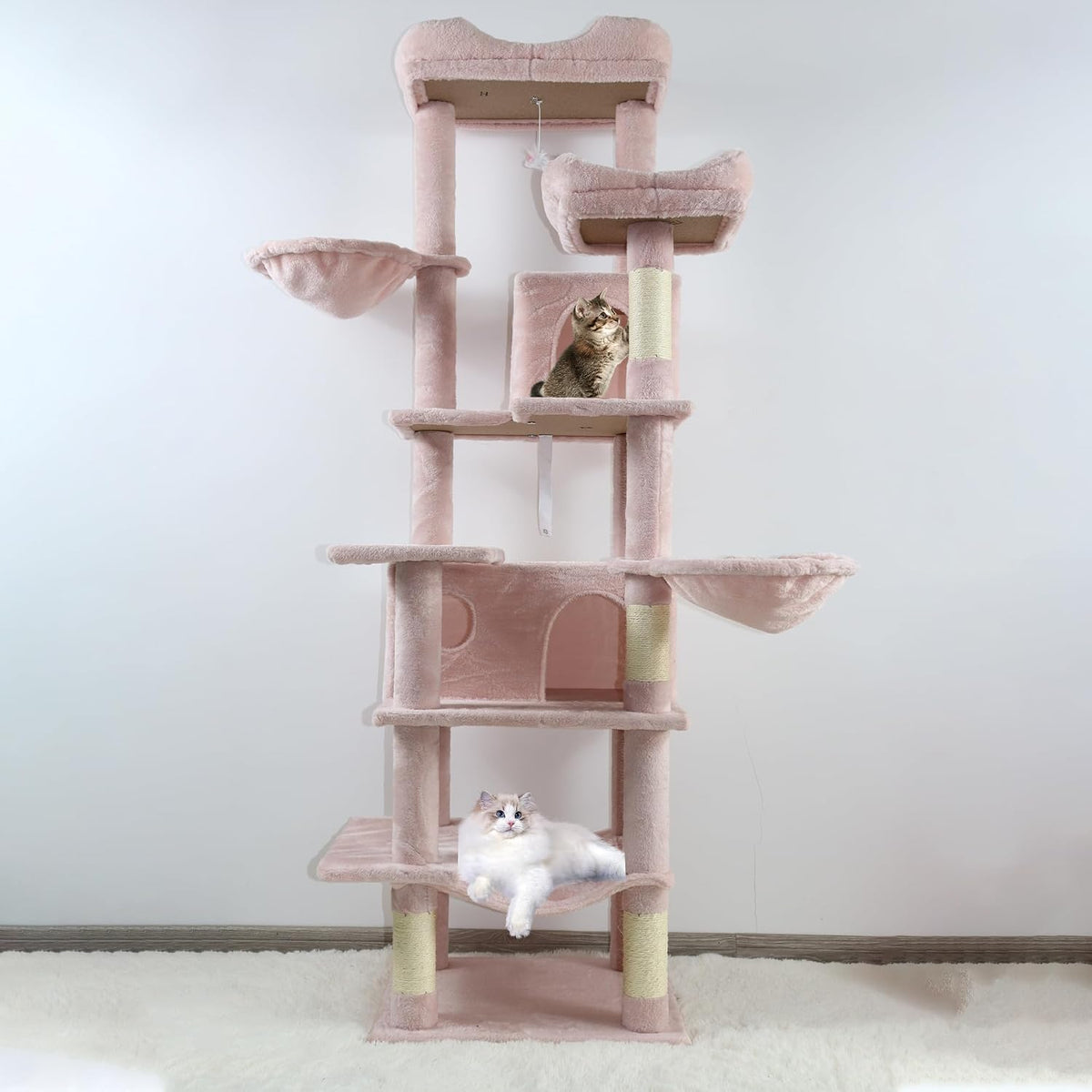 68in Cat Tree with 2 Condos & Hammock, Multi-Level Cat Tower with Plush Perches and Sisal Scratching Posts for Indoor Cats, Soft Pink