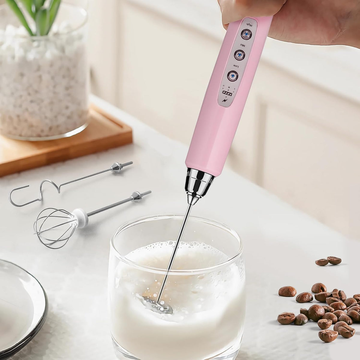 Milk Frother Wand Rechargeable Handheld Electric Whisk 3 Speed Adjustable