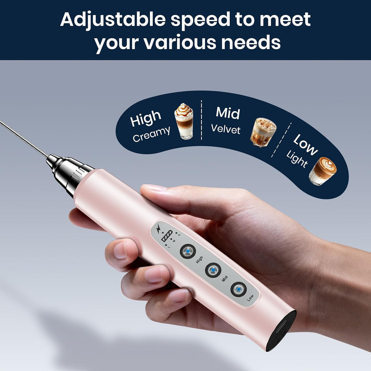 Milk Frother Wand Rechargeable Handheld Electric Whisk 3 Speed Adjustable