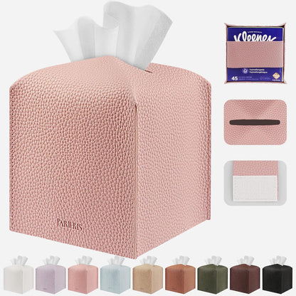 Tissue Box Cover Holder Square Tissue Cube Cover PU Leather Tissue Organizer with Bottom Belt for Bathroom, Tabletop, Car, Night Stands, Office, Home, Kitchen (1, PrettyPink)