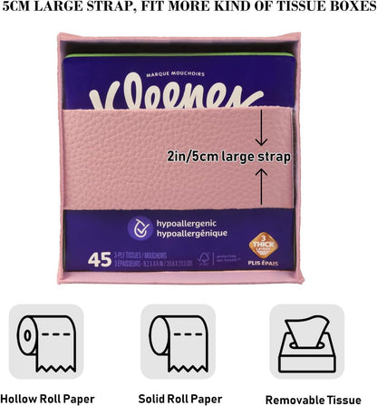 Tissue Box Cover Holder Square Tissue Cube Cover PU Leather Tissue Organizer with Bottom Belt for Bathroom, Tabletop, Car, Night Stands, Office, Home, Kitchen (1, PrettyPink)