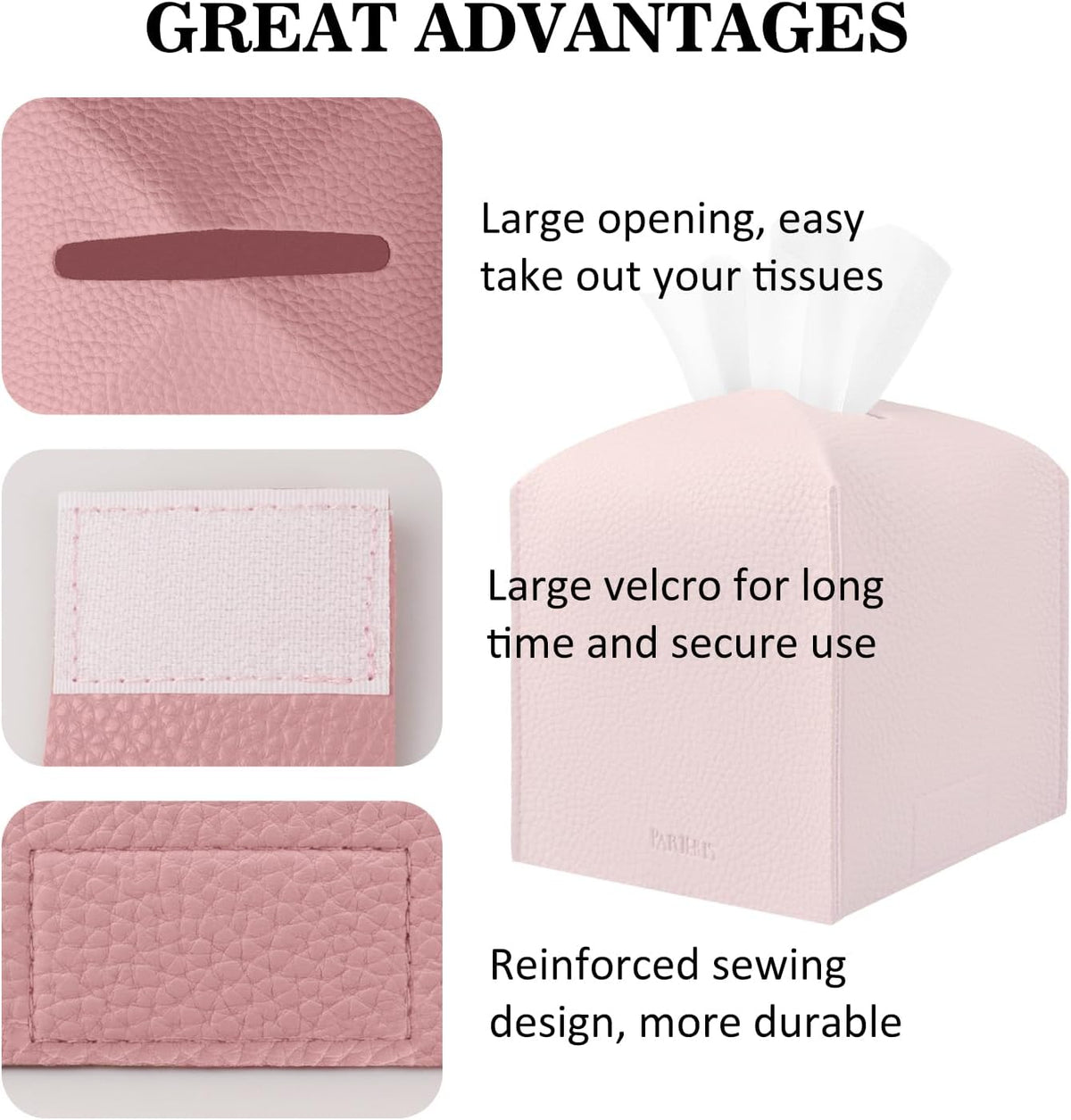 Tissue Box Cover Holder Square Tissue Cube Cover PU Leather Tissue Organizer with Bottom Belt for Bathroom, Tabletop, Car, Night Stands, Office, Home, Kitchen (1, PrettyPink)