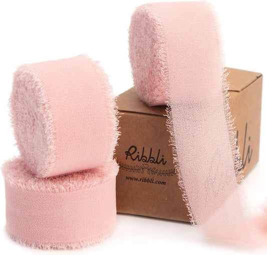 Blush Pink Ribbon 1 Inch x 3 Rolls Total 24 Yards Pink Handmade Fringe Chiffon Silk Ribbon for Wrapping Wedding Invitations Bridal Bouquets DIY Crafts Home Decor