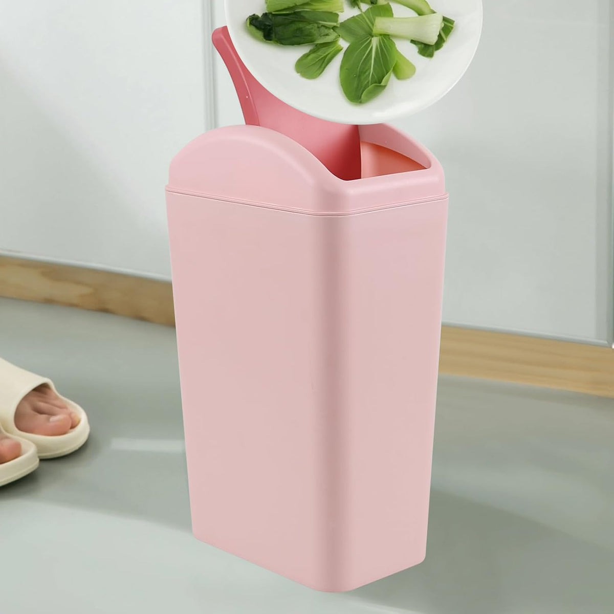 3.5 Gallon Plastic Garbage Can with Swing Lid, Slim Trash Can, Pink