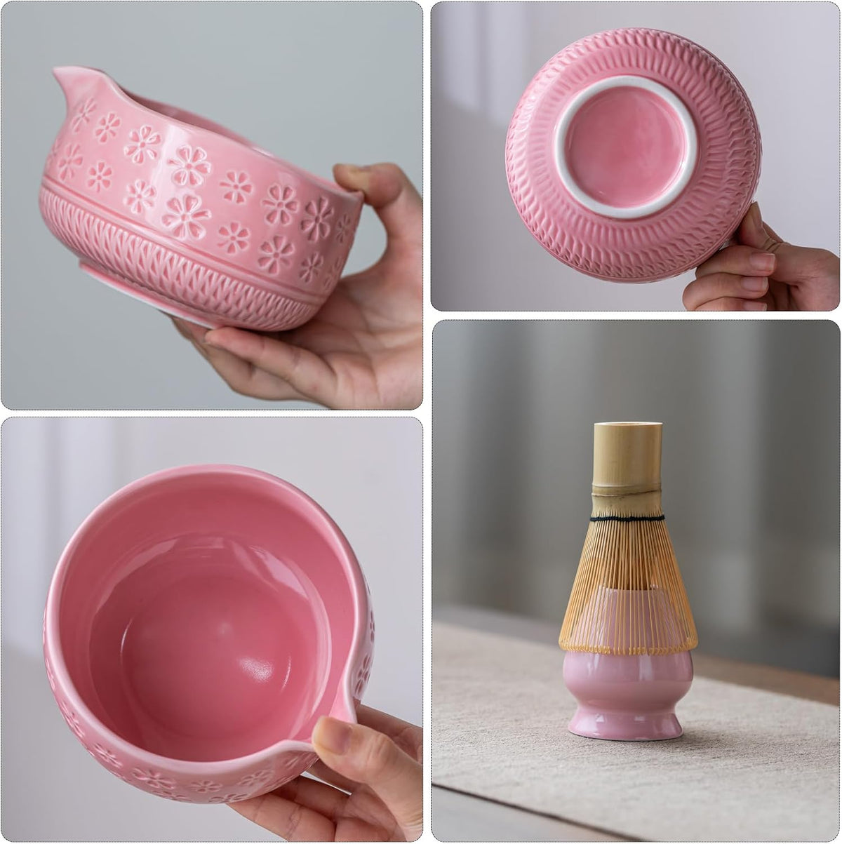 Matcha Whisk Set, Ceramic Matcha Kit with Bowl & Tools, Pink