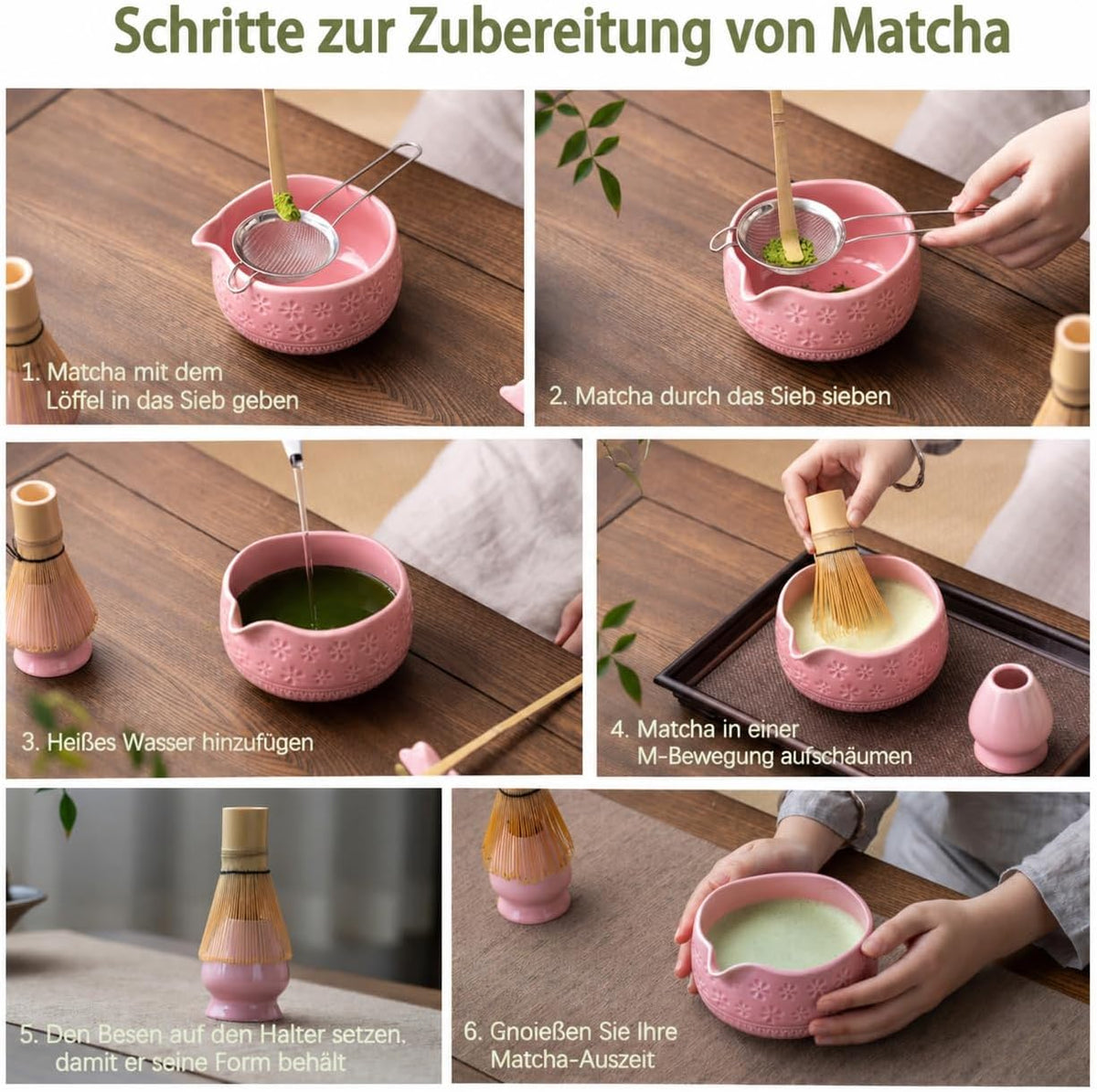 Matcha Whisk Set, Ceramic Matcha Kit with Bowl & Tools, Pink