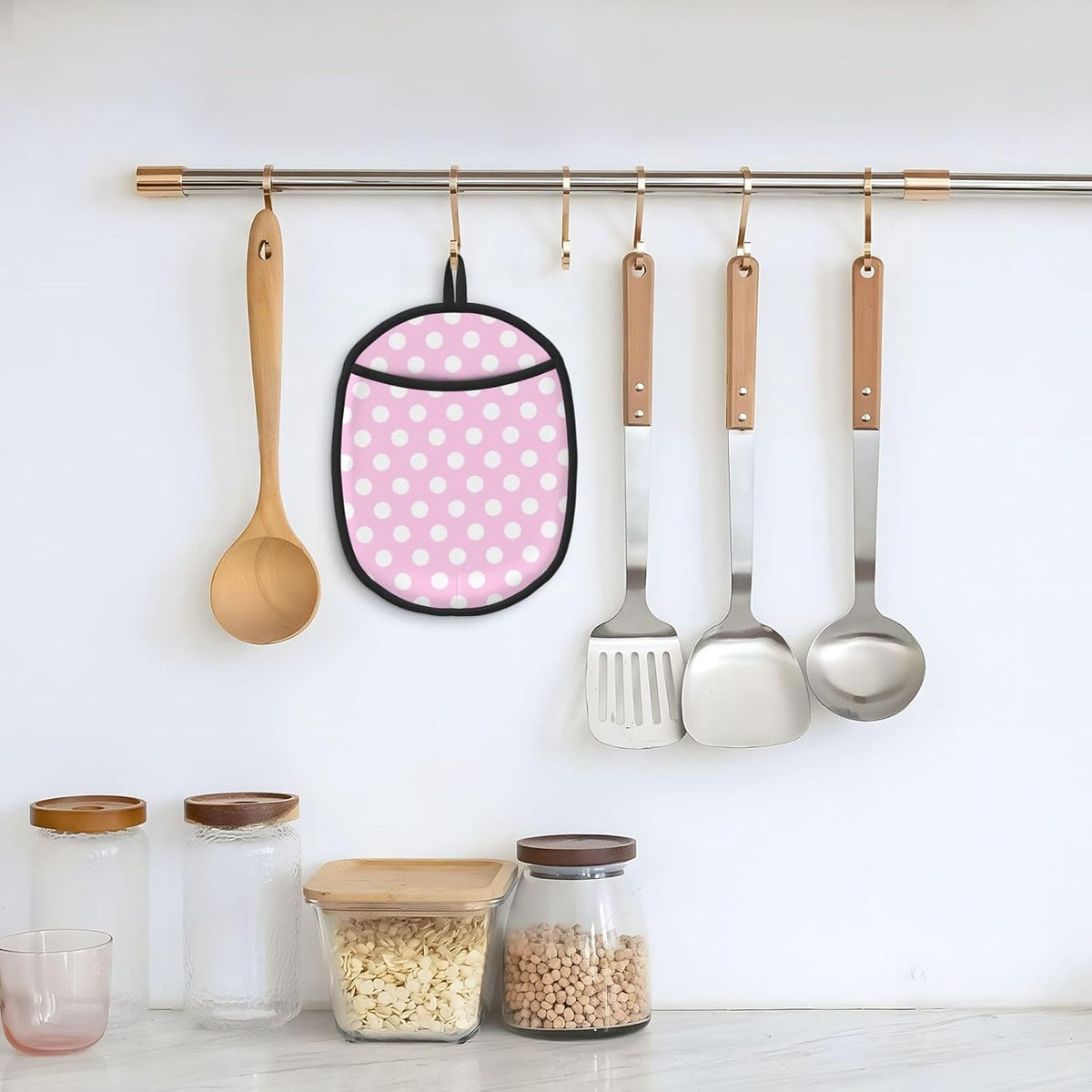 Light Pink Polka Dot Print B Pot Holders for Kitchen 1 PC - Heat Resistant Oven Mitts Hot Pads with Pocket, Silicone Pot Holders with Hanging Loop, Non Slip Potholders for Kitchen Baking Cooking