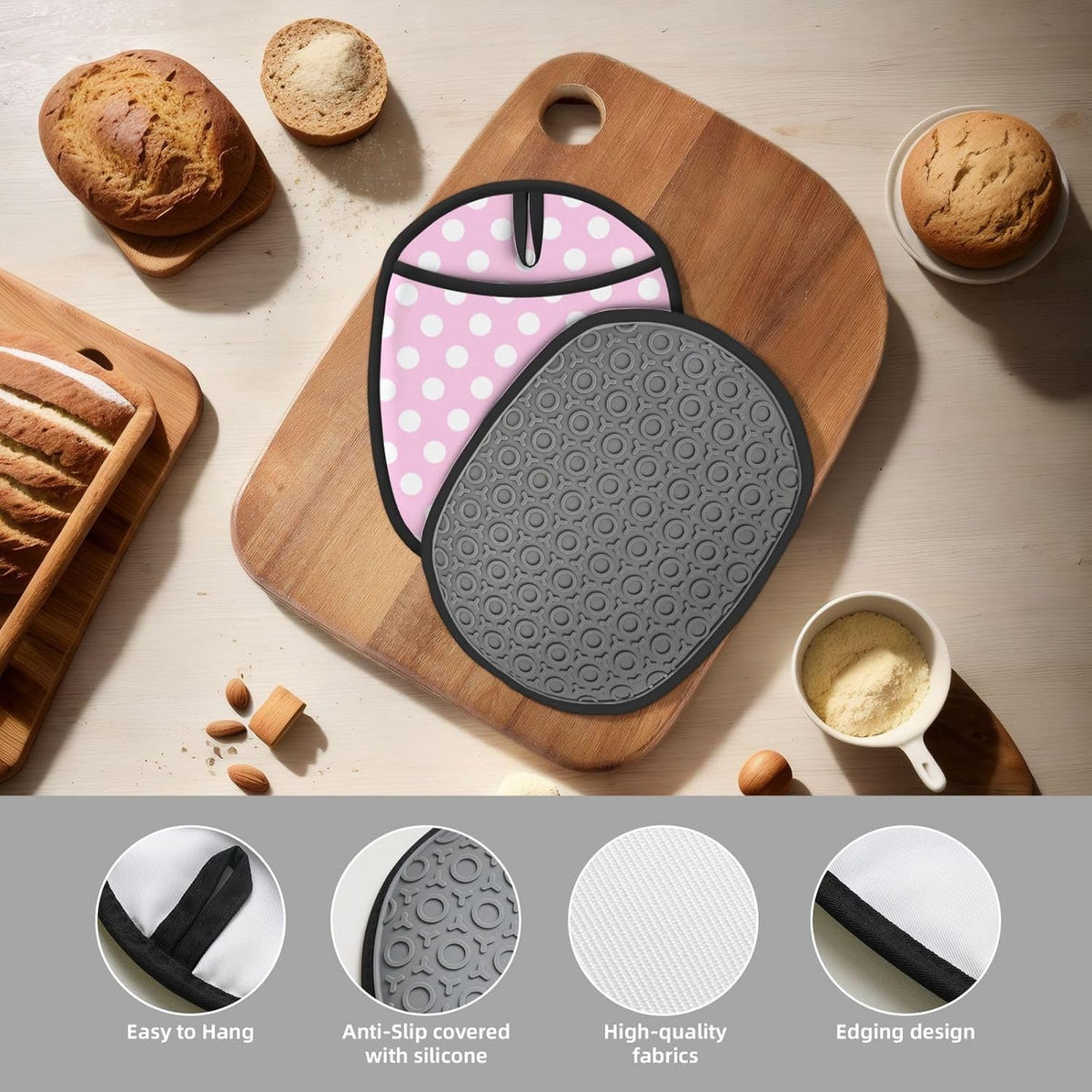 Light Pink Polka Dot Print B Pot Holders for Kitchen 1 PC - Heat Resistant Oven Mitts Hot Pads with Pocket, Silicone Pot Holders with Hanging Loop, Non Slip Potholders for Kitchen Baking Cooking